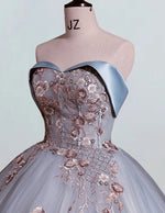 Women's Blue Lace Applique Off-Shoulder Prom Ball Gown | Elegant Evening Dress