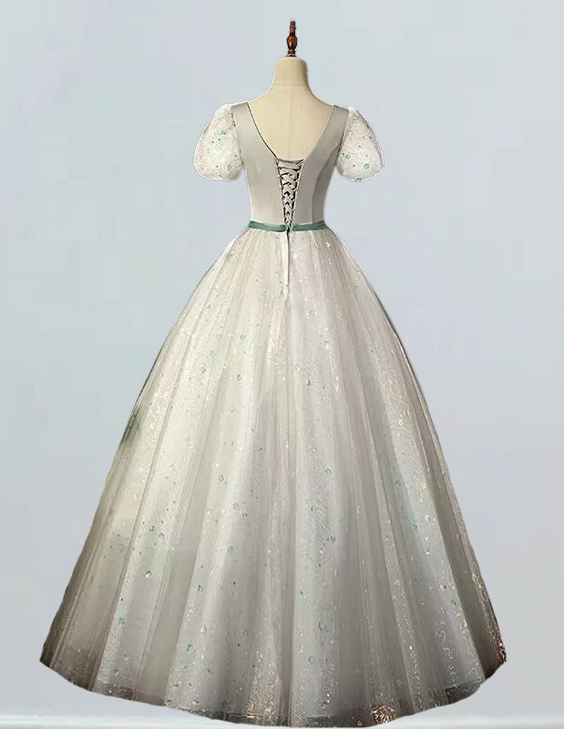 Plus Size Silver Gray Sparkle Tulle Evening Gown V-Neck Prom Bridesmaid Dress