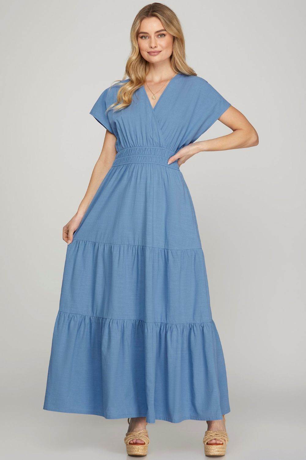 She + Sky Surplice Short Sleeve Tiered Maxi Dress With Pockets - By Baano