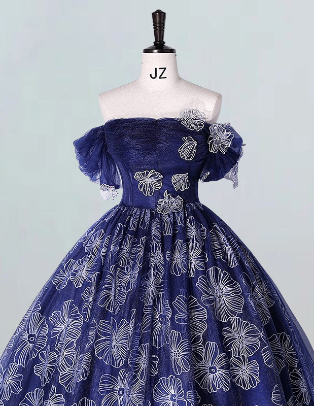 Navy blue off the shoulder pleated beading lace tulle ball gown prom dress