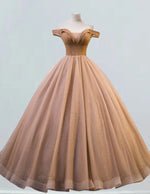 Coffee gold off the shoulder beaded fluffy tulle ball gown prom dress evening party formal dress