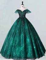 Green off the shoulder lace applique sparkle tulle ball gown wedding bridal dress