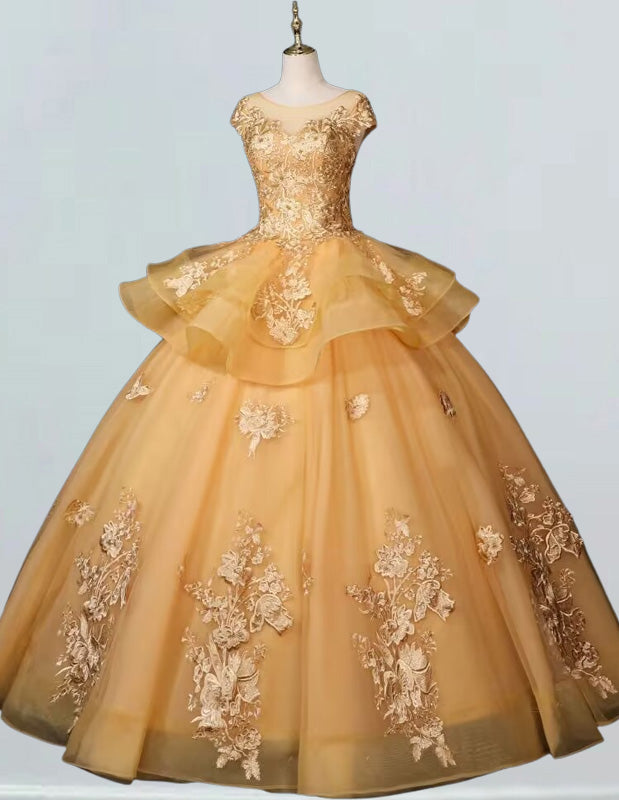 Gold Lace Applique Tulle Ball Gown | Scoop Neck, Evening & Prom Dress