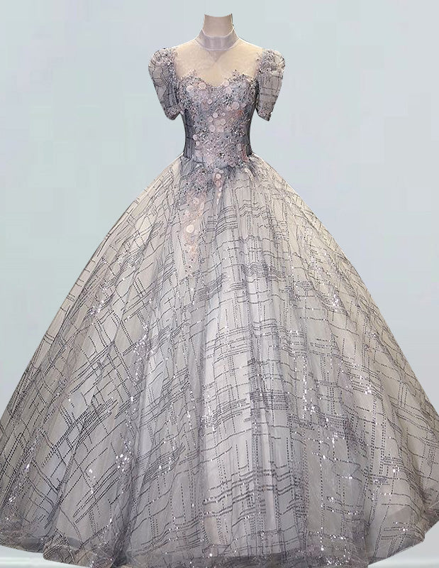 Elegant Grey Tulle Prom Dress with High Collar & Lace Applique | Girls' Formal Evening Gown