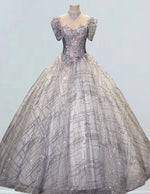 Elegant Grey Tulle Prom Dress with High Collar & Lace Applique | Girls' Formal Evening Gown