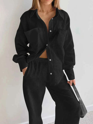 Texture Button Up Long Sleeve Shirt and Pants Set - By Baano