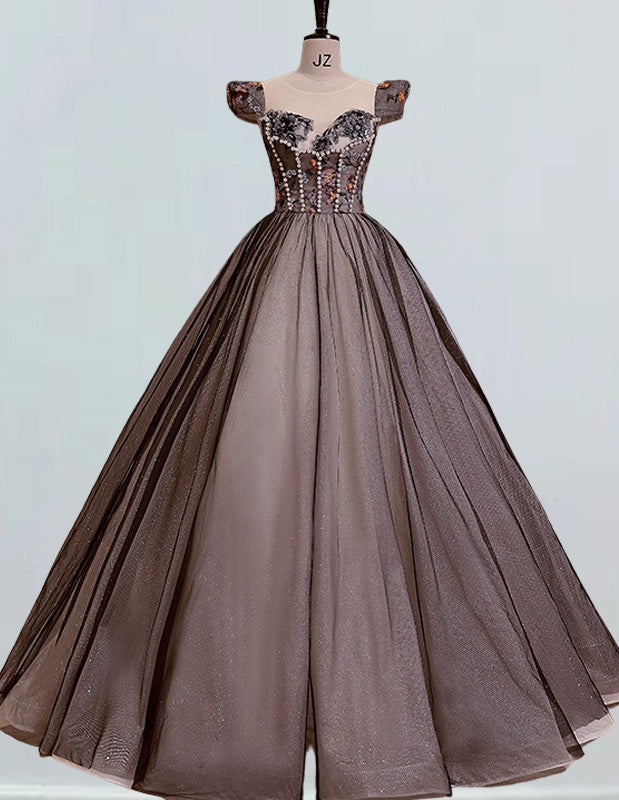 Black and champagne scoop lace applique long tulle ball gown prom dress