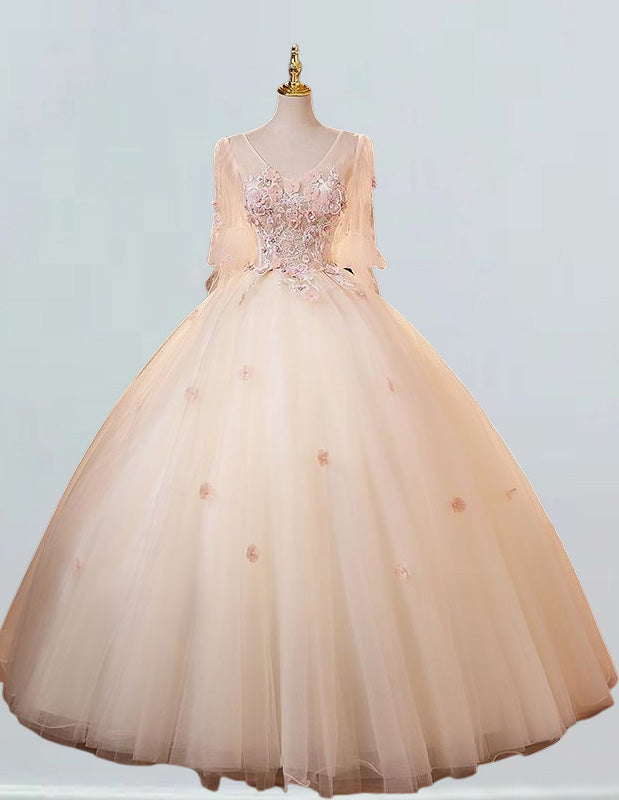 ChampagneTulle Wedding Ball Gown,Floral Lace Party Dress For Girls,Long sleeve princess party prom dress gown,Floor length Graduation Ball Dress