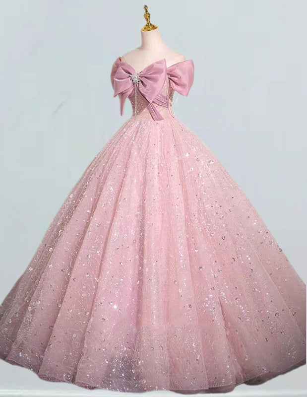 Pink Lace Off-Shoulder Quinceanera Ball Gown | Girls' Prom Evening Dress
