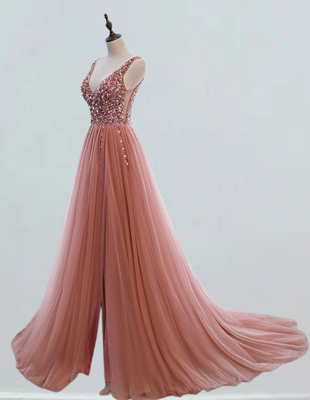 V neck beaded long tulle prom dress,split coral evening gown