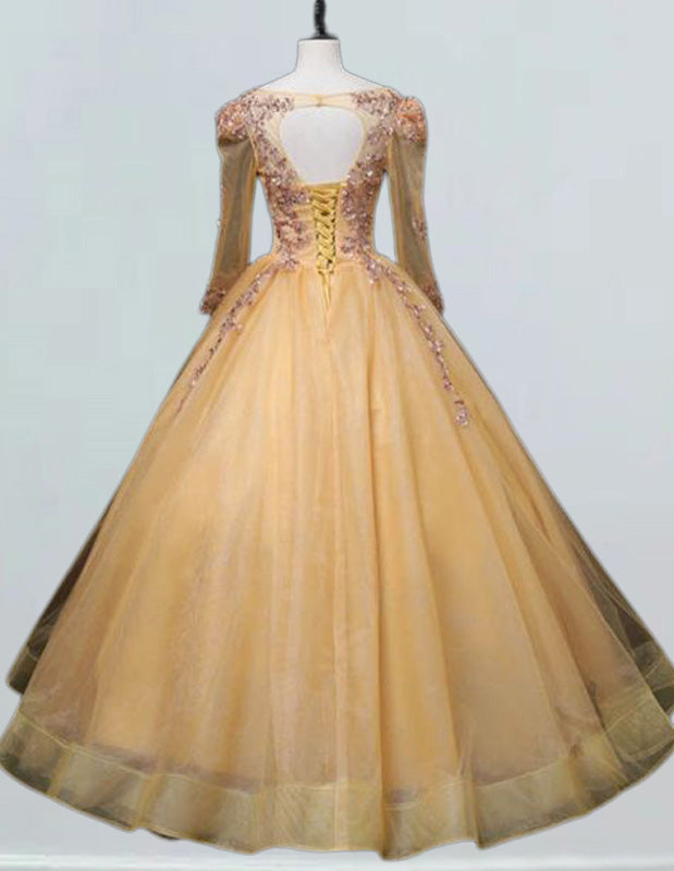 Gold v neck long sleeve lace applique floor length tulle ball gown wedding bridal dress