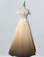 Women's Elegant Beaded V-Neck Evening Gown | Short Sleeves, Formal Prom Dress