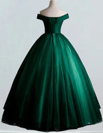 Off-Shoulder Green Tulle Prom Dress | Lace Applique Fairy Ball Gown for Women