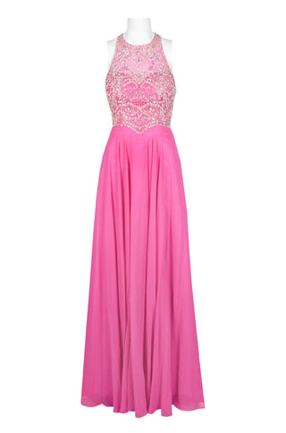 Dave & Johnny Halter Neck Cutout Back Embellished Bodice Ruched Mesh Chiffon Dress - By Baano