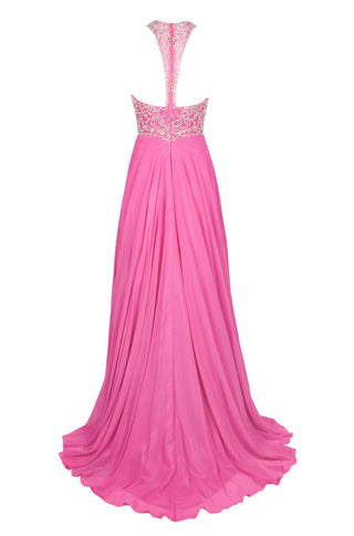 Dave & Johnny Halter Neck Cutout Back Embellished Bodice Ruched Mesh Chiffon Dress - By Baano