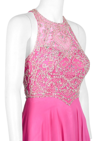 Dave & Johnny Halter Neck Cutout Back Embellished Bodice Ruched Mesh Chiffon Dress - By Baano