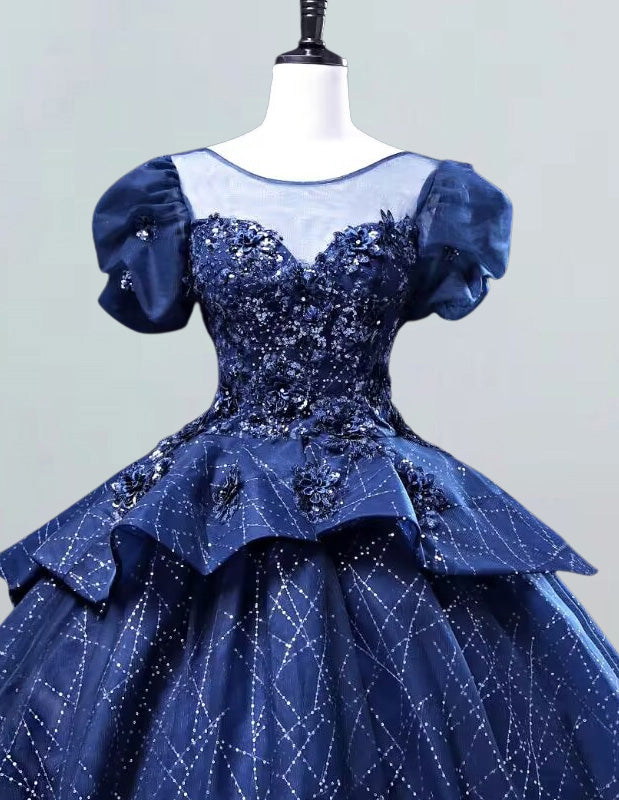Girls' Navy Sequin Tulle Ball Gown | Scoop Neck Prom & Evening Dress