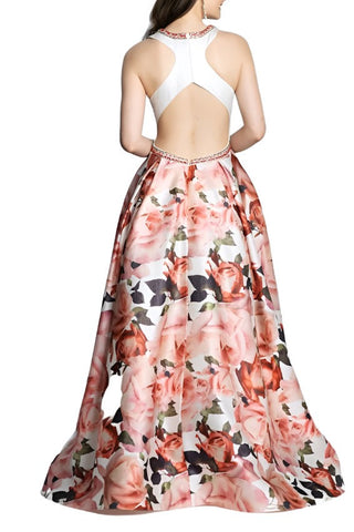 Dave & Johnny Embellished Neck Ruched Sleeveless Cutout Back Pleated Floral Print Twill Dress - By Baano