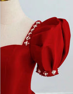 Women's Red Satin Prom Gown Puff Sleeves Square Neckline Evening Dress