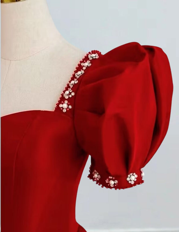 Women's Red Satin Prom Gown Puff Sleeves Square Neckline Evening Dress