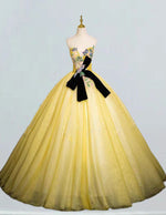Yellow strapless lace long tulle ball gown prom dress