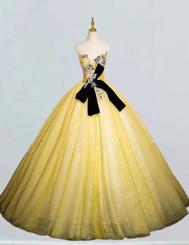Yellow strapless lace long tulle ball gown prom dress