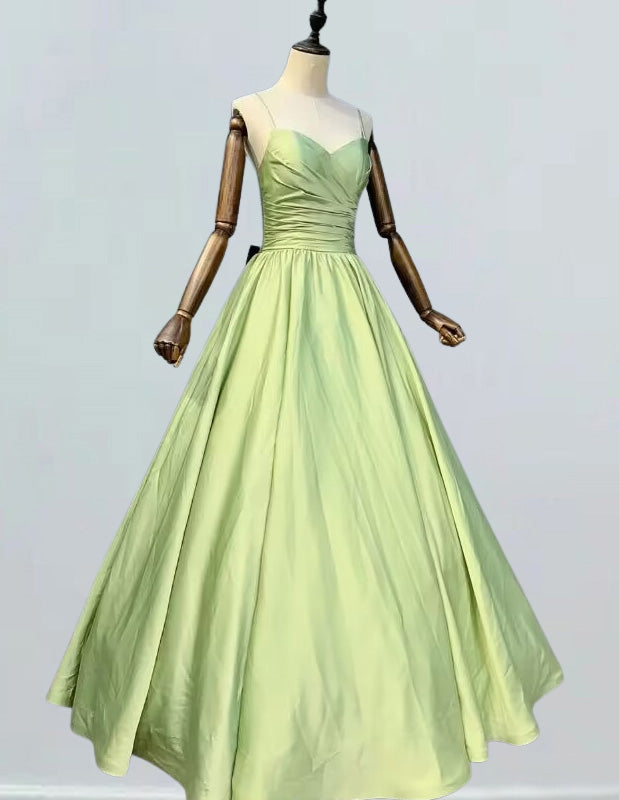 Women's Elegant Green Pleated Evening Gown | Spaghetti Strap Prom Dress