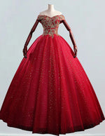 Red Off-Shoulder Tulle Ball Gown | Beaded Prom & Wedding Dress | Elegant Evening Attire