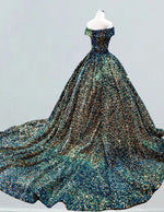 Color velvet sequin off the shoulder long train ball gown prom dress