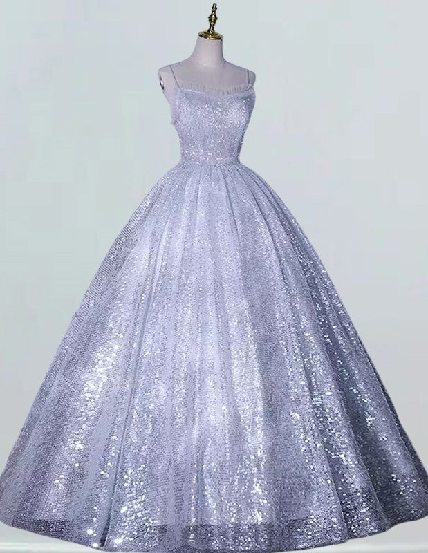 Women's Elegant Grey Sequin Prom Dress | Spaghetti Strap Evening Gown
