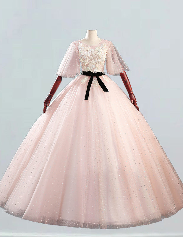 Soft pink prom dress ball gown,A line tulle wedding dress gown,Short sleeve lace formal dress,Sparkle tulle pageant dress