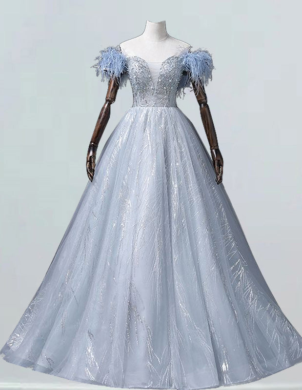 Elegant Off-Shoulder Tulle Prom Dress | Beaded Ball Gown Bridesmaid Dress