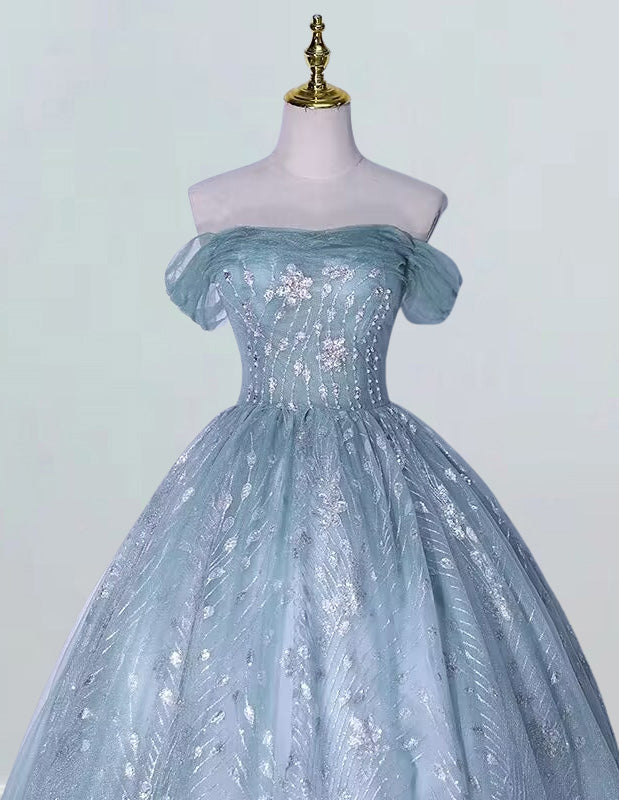 Women's Silver Lace Off-Shoulder Tulle Ball Gown | Elegant Evening & Prom Dress