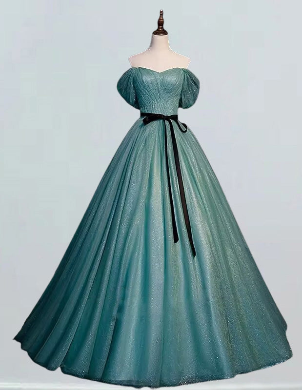 Green sweetheart pleated sparkle tulle prom dress ball gown