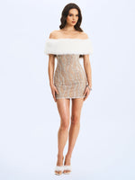Averie White Fur Off-Shoulder Beige Sequin Mini Dress Miss Circle