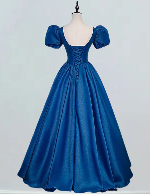 Elegant Blue Short-Sleeved V-Neck Prom Gown | Girls' Formal Evening Dress