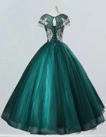 Green Lace Applique Prom Gown | Boat Neck Princess Evening Dress