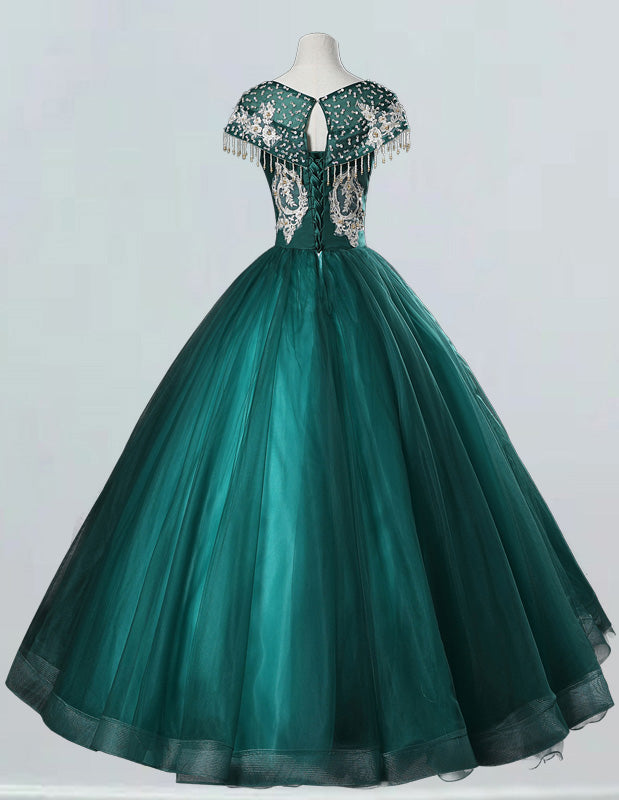 Green Lace Applique Prom Gown | Boat Neck Princess Evening Dress