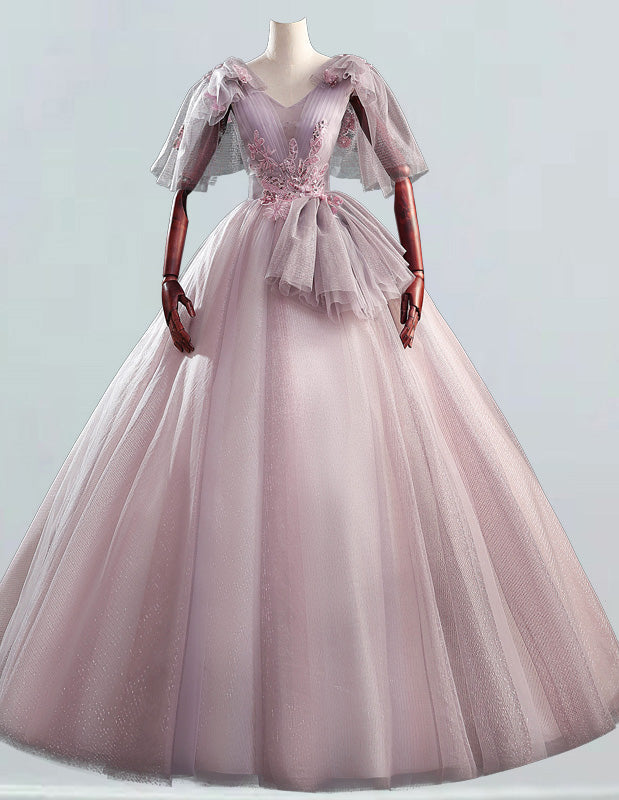 Women's Pink V-Neck Tulle Ball Gown | Evening Prom Bridesmaid Dress