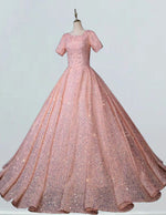 Plus Size Pink Sequin Prom Gown with Puffy Sleeves, Boat Neck, Elegant Evening Dress