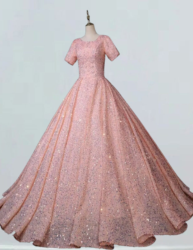 Plus Size Pink Sequin Prom Gown with Puffy Sleeves, Boat Neck, Elegant Evening Dress