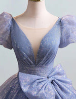 Grey Blue sparkle lace Prom Dress Short sleeve Formal Party Evening Gowns Plus Size Floor Length