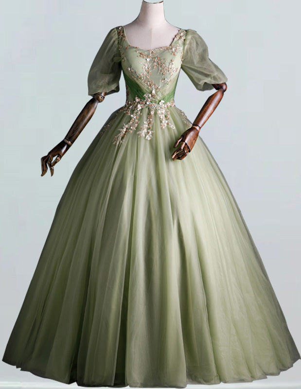 Sage Green Square Collar Tulle Prom Dress | Lace Appliqué Evening Gown