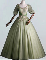Sage Green Square Collar Tulle Prom Dress | Lace Appliqué Evening Gown