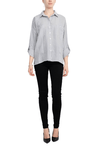 Adyson Parker Collared Button Down 2 Way Sleeve Pockets High Low Hem Polyester Shirt - Glamourous Grace