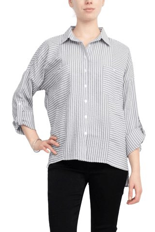 Adyson Parker Collared Button Down 2 Way Sleeve Pockets High Low Hem Polyester Shirt - Glamourous Grace