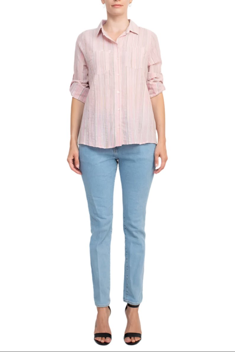 Adyson Parker Collared Button Down 2 Way Sleeve Pockets Multi Color Rayon Shirt - Glamourous Grace