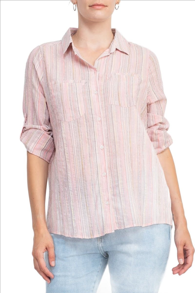 Adyson Parker Collared Button Down 2 Way Sleeve Pockets Multi Color Rayon Shirt - Glamourous Grace