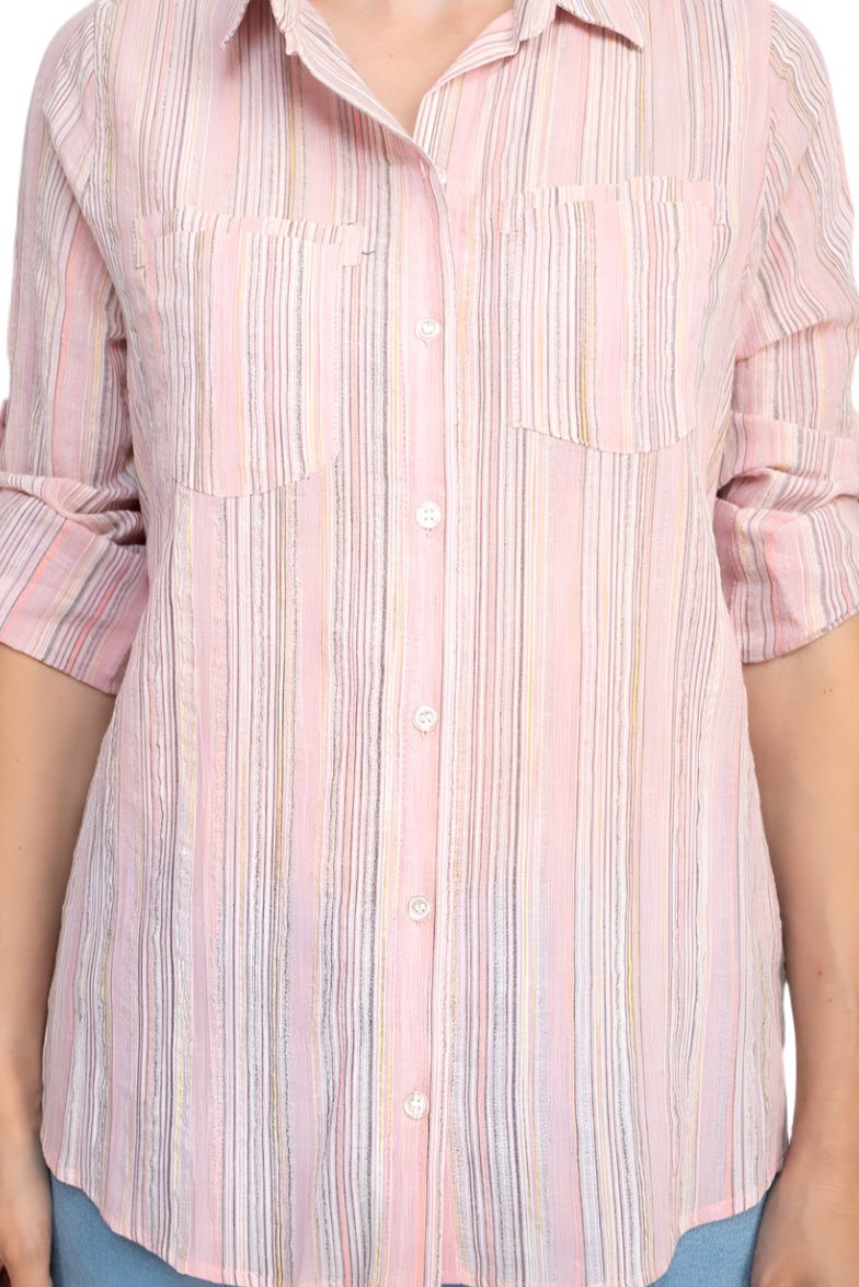 Adyson Parker Collared Button Down 2 Way Sleeve Pockets Multi Color Rayon Shirt - Glamourous Grace