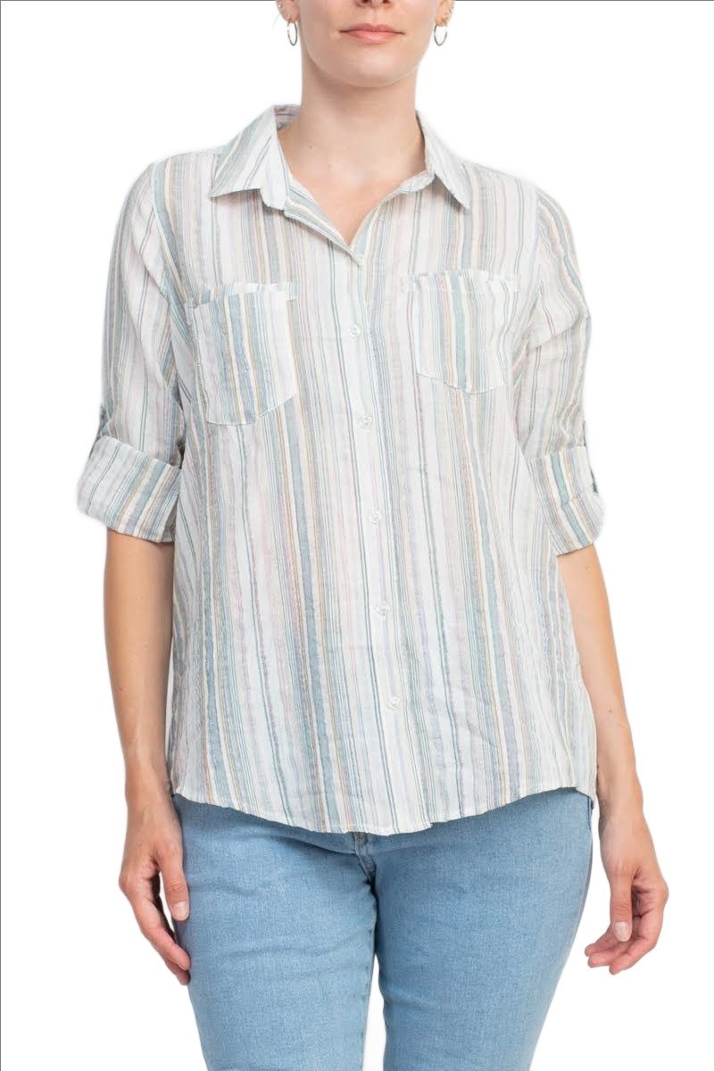 Adyson Parker Collared Button Down 2 Way Sleeve Pockets Multi Color Rayon Shirt - Glamourous Grace